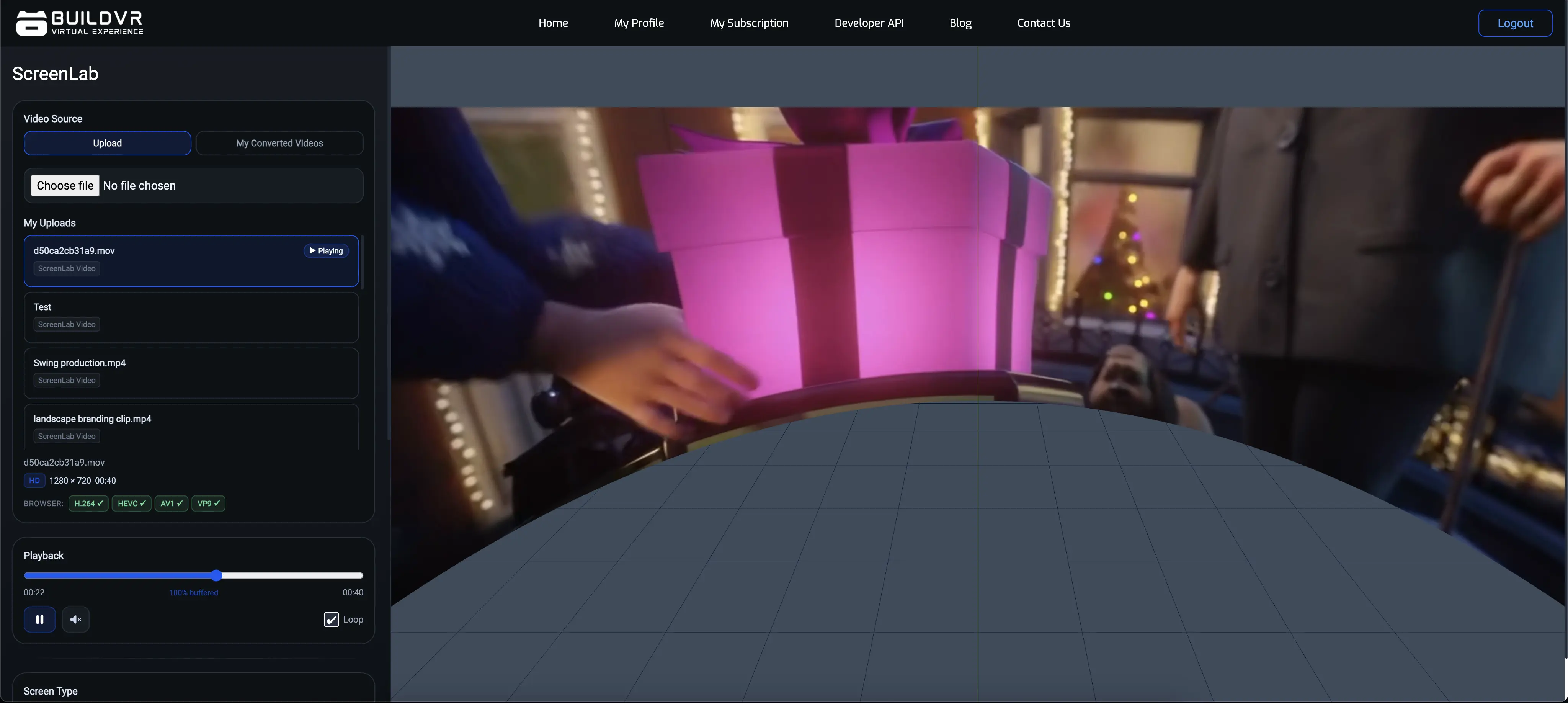 ScreenLab interface showing a 360° video previewed inside a dome screen simulation
